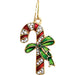 Candy cane-shaped earring with green bow and red stripes on a white background