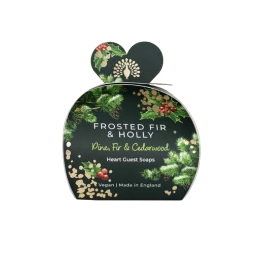 Frosted Fir & Holly soap packaging with Christmas-themed design on a beige background