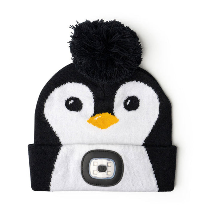 Penguin-themed beanie with a pom-pom on a white background