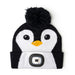 Penguin-themed beanie with a pom-pom on a white background
