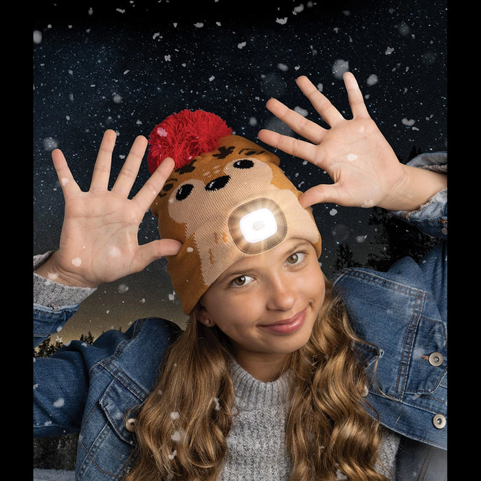 Person wearing a novelty hat with a light on it, surrounded by falling snow.