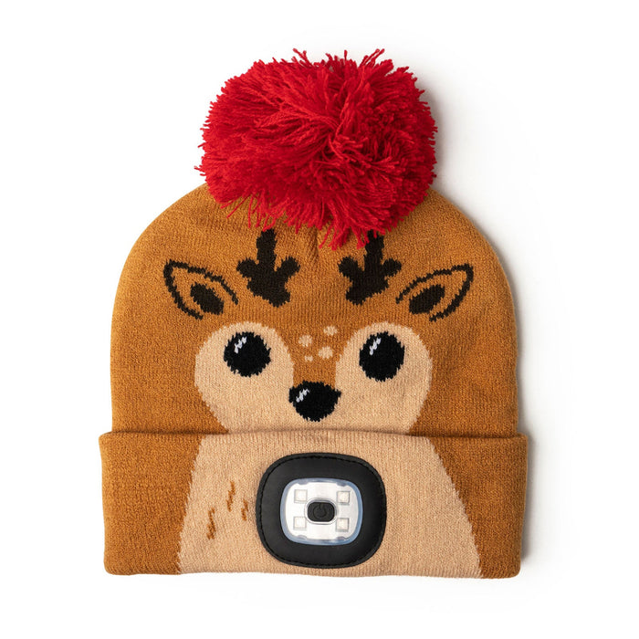 Deer-themed beanie with a red pom-pom on a white background