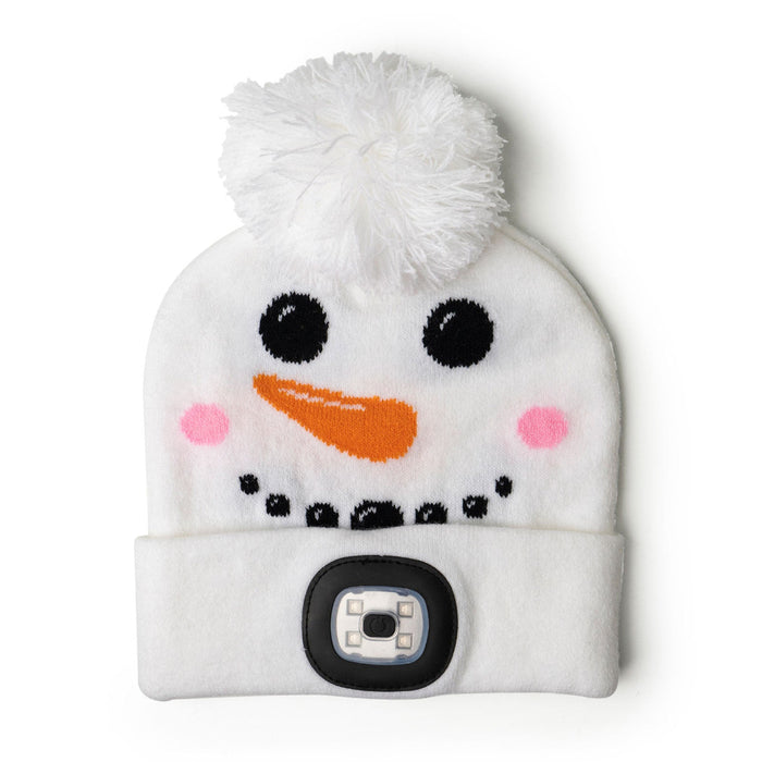 White beanie with snowman face design and LED light on a white background