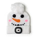 White beanie with snowman face design and LED light on a white background