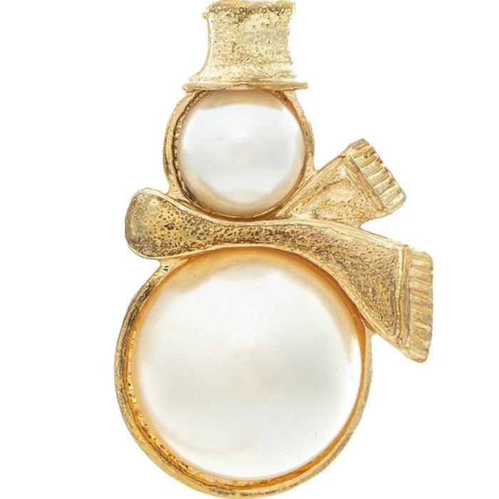 Rain Jewelry gold-tone snowman pin brooch featuring cream faux pearl accents and a festive Christmas design.