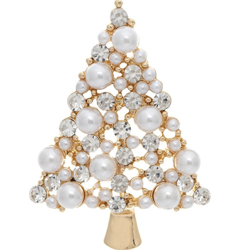 Rain Jewelry Gold Crystal Pearl Christmas Tree Pin featuring sparkling crystals and pearl accents in a festive tree design.