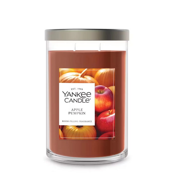 Yankee Candle Apple Pumpkin Large Tumbler – warm fall fragrance in a glass jar with silver lid.