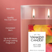 Close-up of the Yankee Candle Autumn Leaves tumbler with two flames lit. On the left side of the image, text highlights features: “New Look, Quality You Can Trust, Consistent Burn, Up to 80 Hours of Long-Lasting Fragrance.”