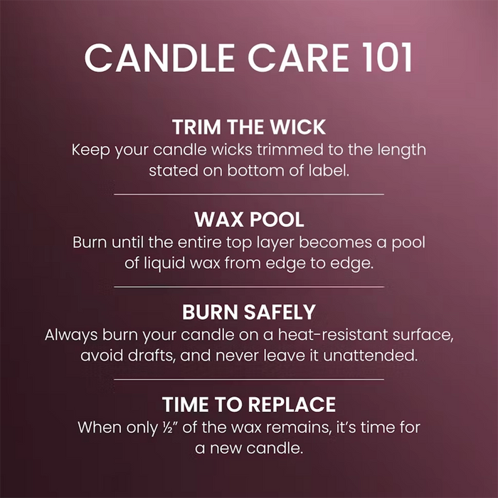 Instructions for candle care on a maroon background