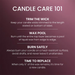Instructions for candle care on a maroon background