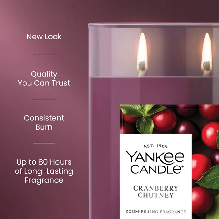 Yankee Candle Cranberry Chutney candle with product features on a purple background