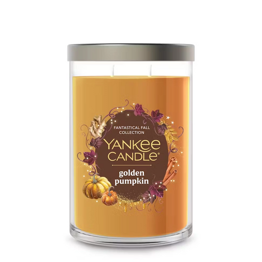 Yankee Candle golden pumpkin candle on a white background