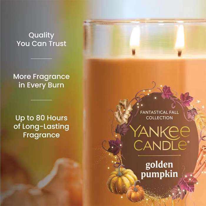 Yankee Candle golden pumpkin candle with branding and product details.