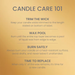 Candle Care 101 tips on a golden background: trim the wick, wax pool, burn safely, time to replace.