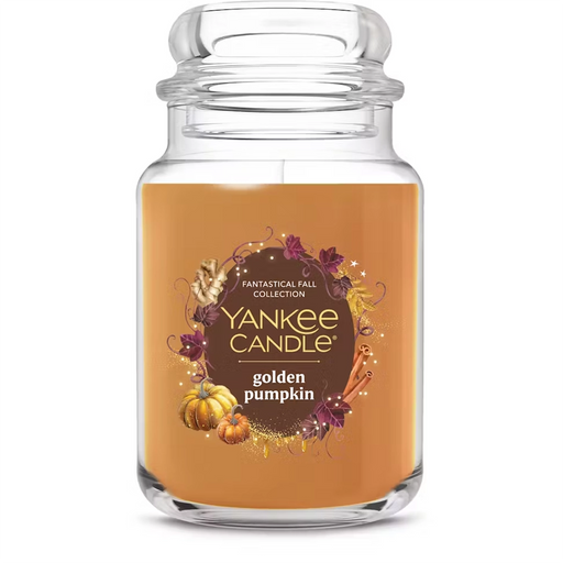 Yankee Candle golden pumpkin candle jar on a white background