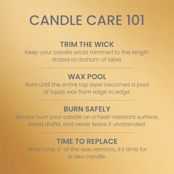 Instructions for candle care on a gold background