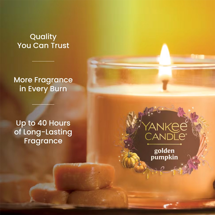 Yankee Candle golden pumpkin candle with text about quality, fragrance duration, and brand trust.