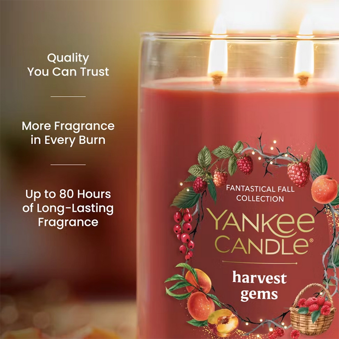 Yankee Candle harvest gems candle with branding and product features.