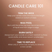 Instructions for candle care on a brown background