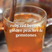Glass mug of tea with cinnamon stick and berries, labeled 'harvest gems' on a blurred background.