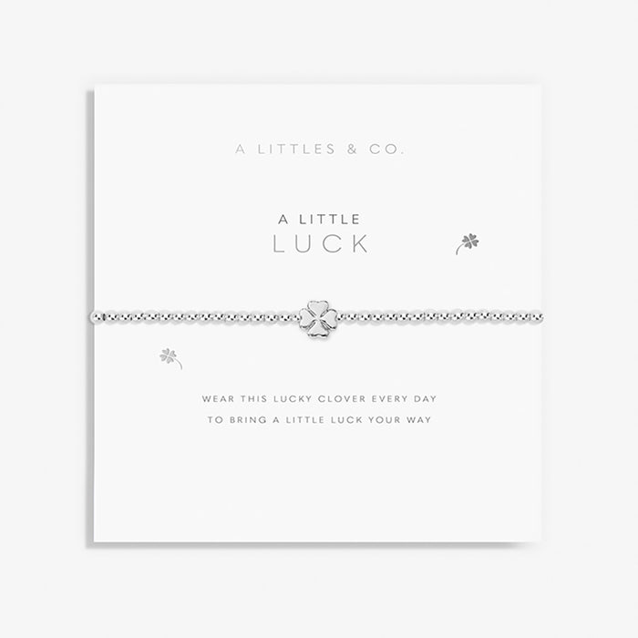 Silver bracelet with clover charm on a white card with 'A Little Luck' text.