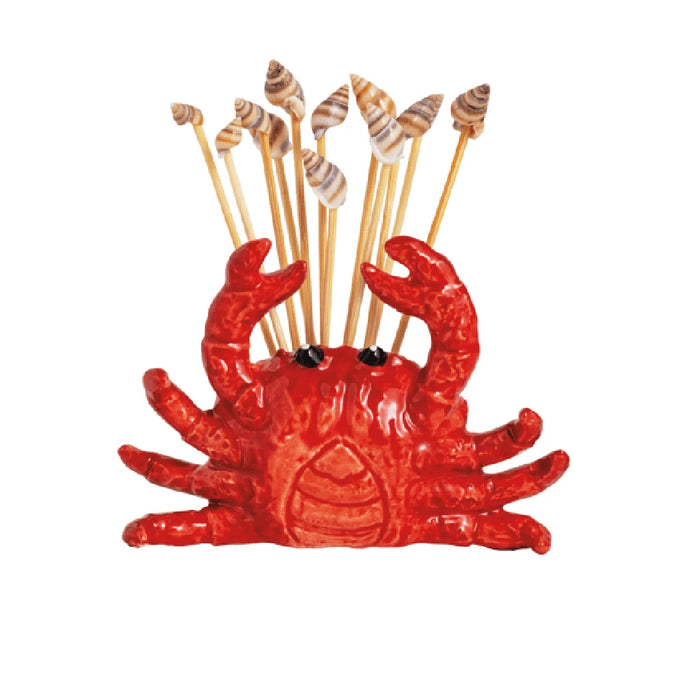 A crab-shaped holder filled with toothpicks, designed for serving appetizers or snacks at gatherings.
