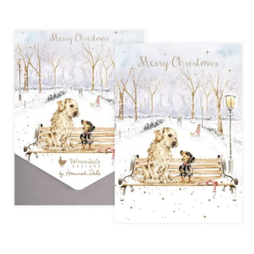 Winter Walks Christmas Card Pack featuring Golden Retriever and Dachshund dogs in festive winter scenes