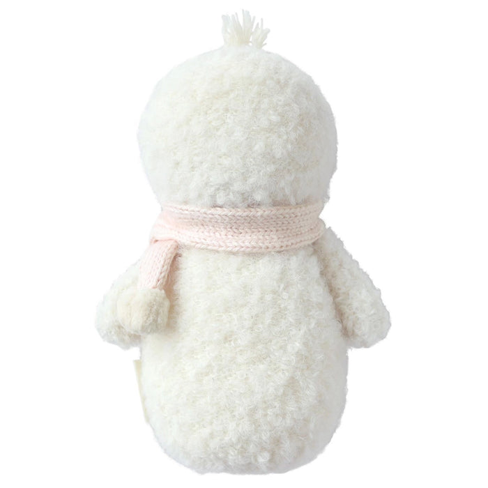 Back view of Cuddle + Kind Baby Snowman in Blush Pink with hand-knit pink scarf, ethically handmade plush doll.