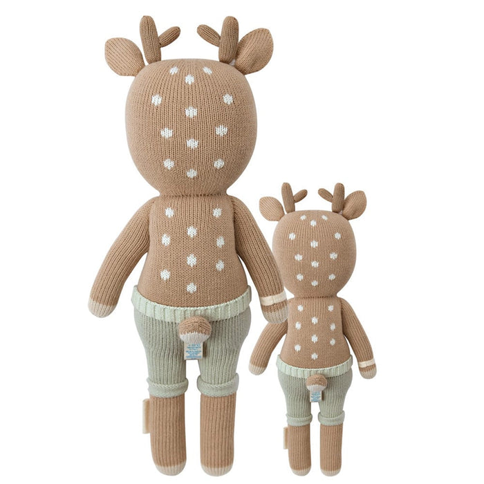 Back view of Cuddle + Kind Elliott the Fawn dolls in regular and little sizes, showing knit tail and white spots.