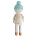 Back view of Greyson the Penguin doll showing light blue hat, beige vest, and soft grey knit body.