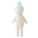 A back view of Spruce the Snowman doll wearing a light mint knit hat with pom-pom and matching scarf.