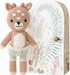 Tiny Elliott the Fawn knit doll standing next to illustrated Cuddle + Kind gift box