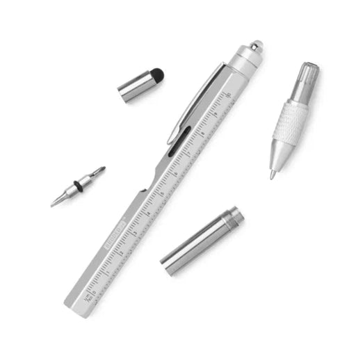 Multifunctional tool with ruler, pen, and other components on a white background
