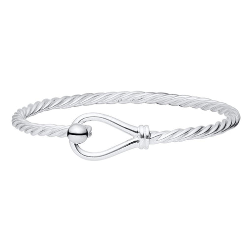 Silver bracelet with a heart-shaped clasp on a white background