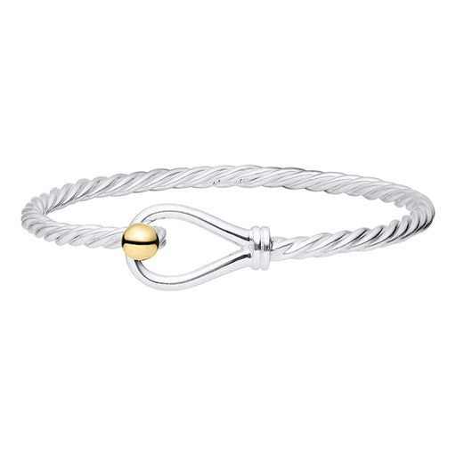 Silver bracelet with a gold clasp on a white background