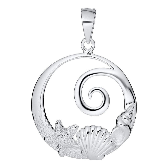 Silver pendant with shell and spiral design on a white background