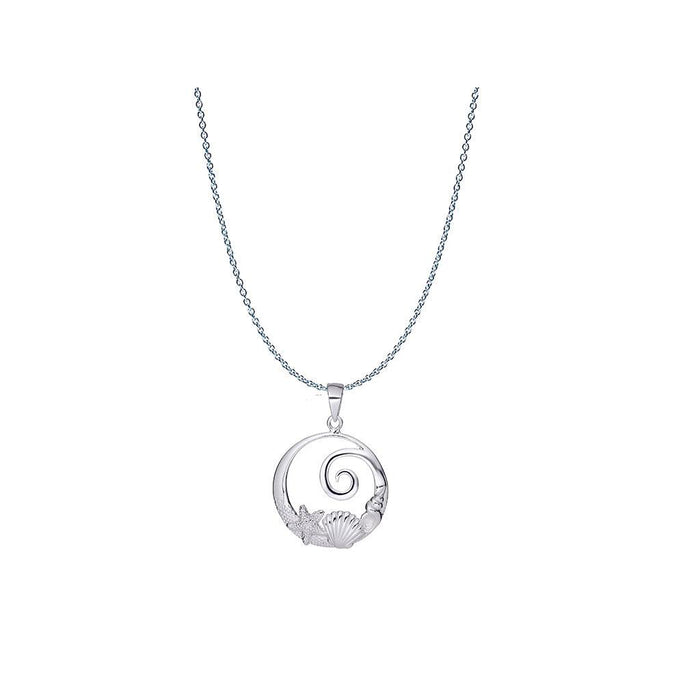 Silver necklace with a spiral pendant on a white background