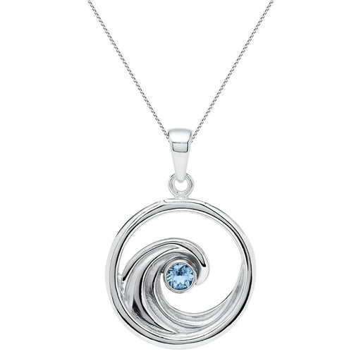 Silver pendant with a blue gemstone on a white background