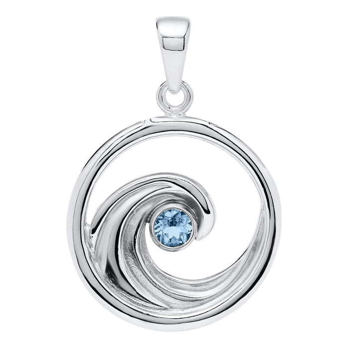 Silver pendant with a blue gemstone on a white background