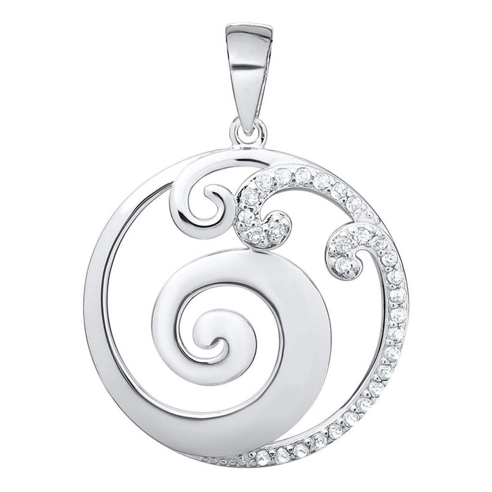 Silver spiral pendant with clear stones on a white background