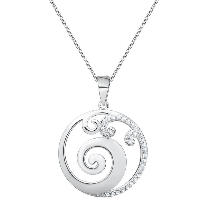 Silver spiral pendant necklace on a white background