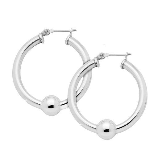 Silver hoop earrings with spherical accents on a white background