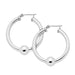 Silver hoop earrings with spherical accents on a white background