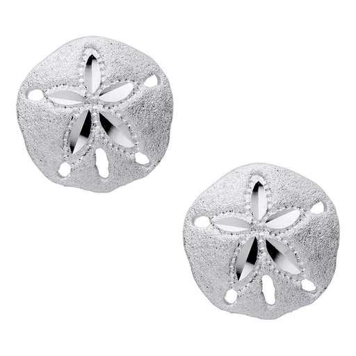 Silver sand dollar earrings on a white background