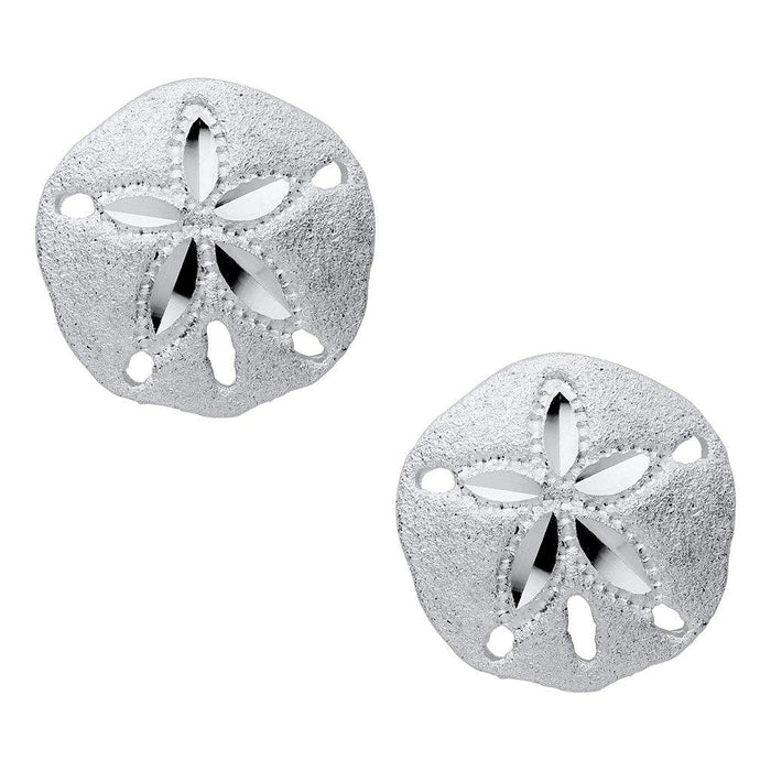 Silver sand dollar earrings on a white background