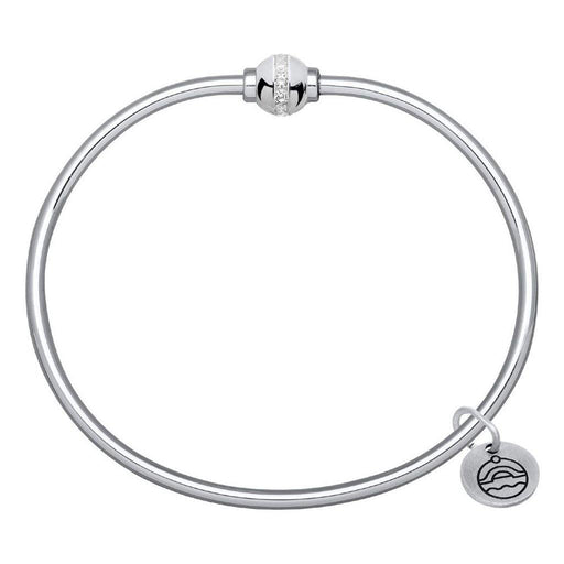 Silver bracelet with a small round charm on a white background