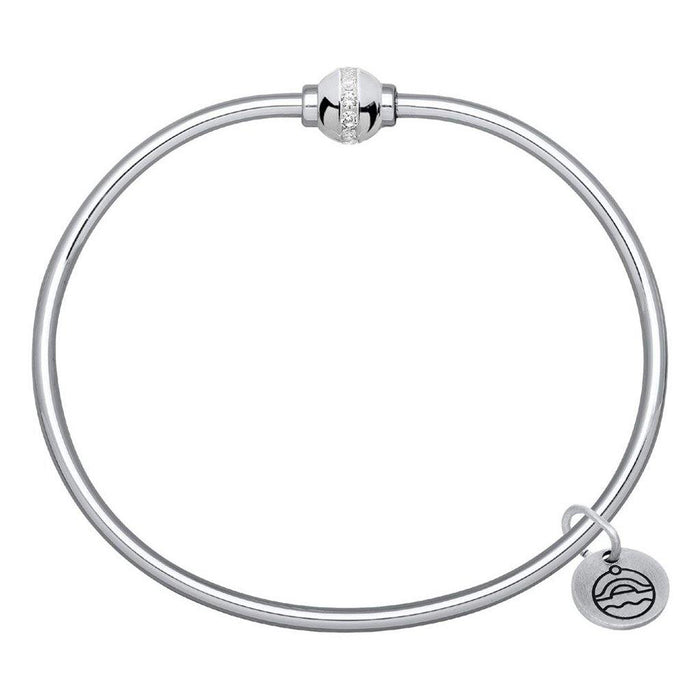 Silver bracelet with a small round charm on a white background