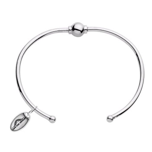 Silver bracelet with a small tag on a white background