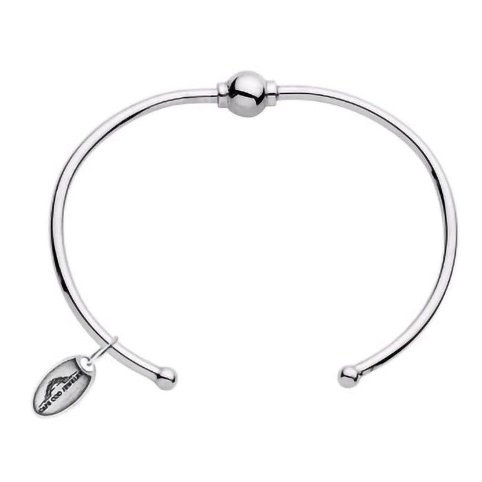 Silver bracelet with a small tag on a white background