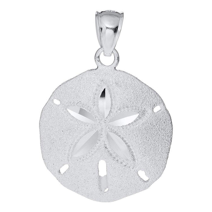 Silver sand dollar pendant on a white background